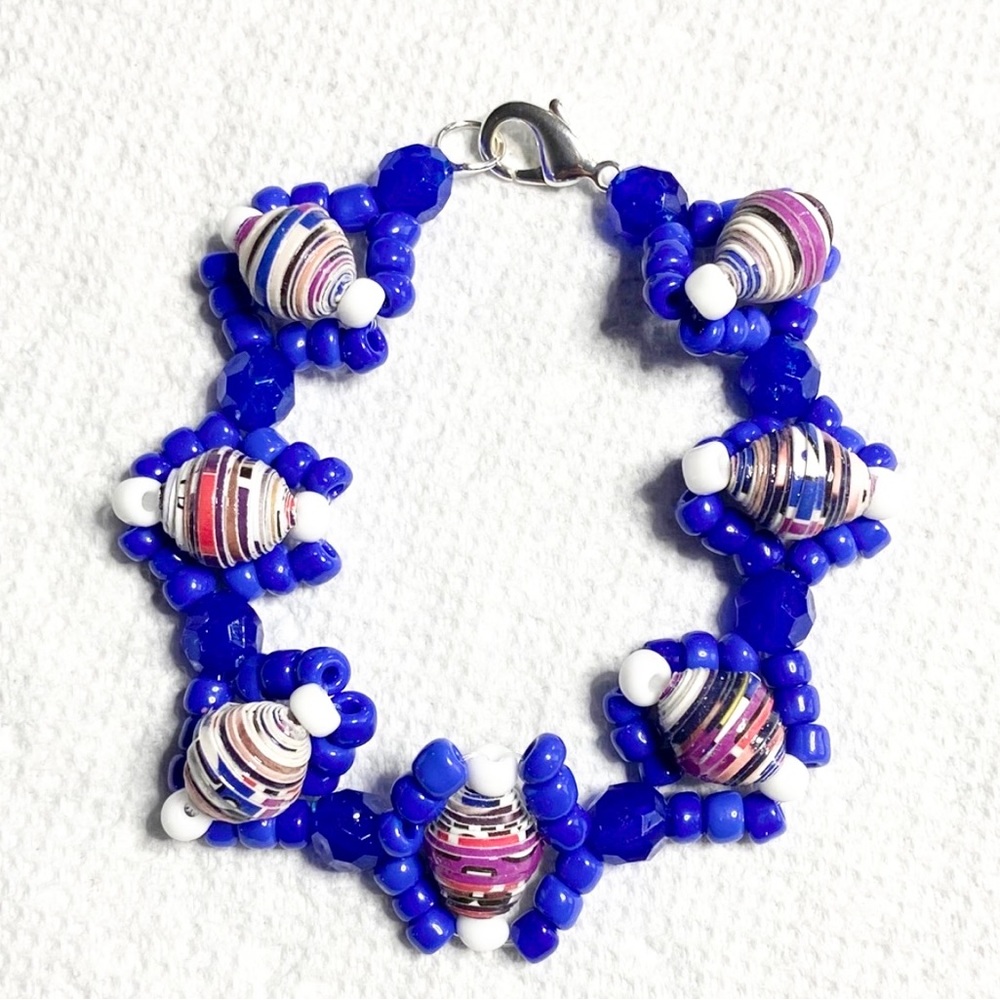 Handmade Recycle Multicolored Paper Bead Bracelet Blue White Glass Beads